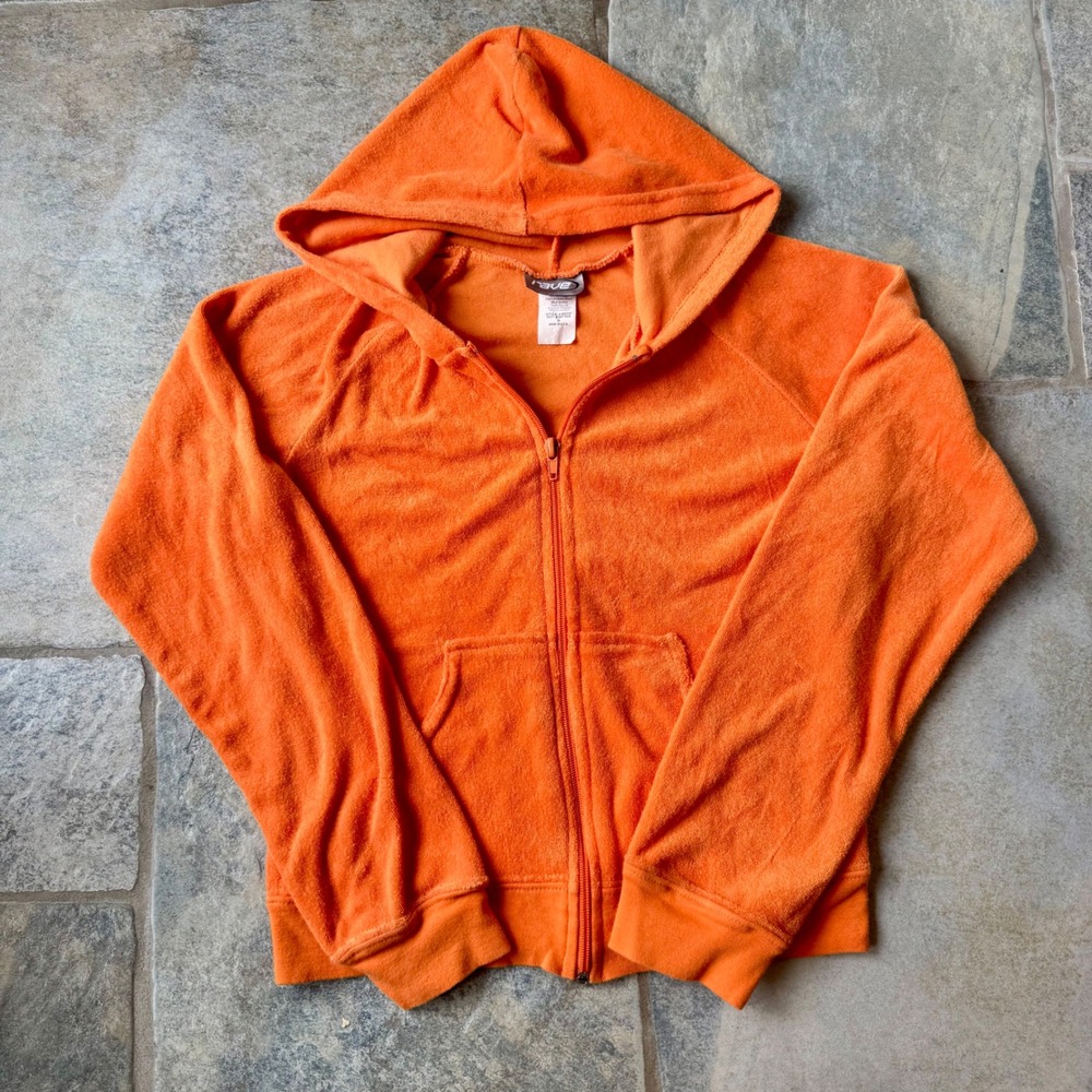 Y2K Rave‎ Neon Orange Terry Cloth Full Zip Hoodie Size Small 2000s